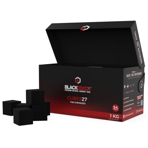 BLACKCOCO’s Shisha Kohle 1KG – CUBES27+ Premium Kokosnuss Naturkohle – Extra Lange Brenndauer, Wenig Asche – Perfekt für Shisha & BBQ