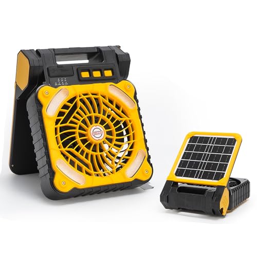 GJLRS Outdoor-Camping-Solarventilator, 4 Geschwindigkeiten, Lithiumbatterie, mit Leistungsanzeige, Windgeschwindigkeit 4,5 Meter/Sekunde, LED-Beleuchtung für 36 Stunden, tragbarer Solarventilator