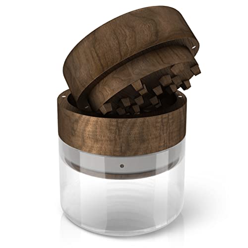 Grinder aus Holz Ø 6,5cm für Kräuter, Gewürze und Herb mit Glas Pollenfach und magnetischem Deckel 3-Teilige Kräutermühle Walnussholz