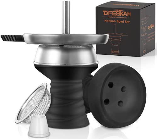 DFESKAH Shisha Steinkopf Set, Inkl. Schwarz Shisha Kopf & Kaminaufsatz & Tabak Sieb & Dichtung, Premium Wasserpfeife Zubehör für Jede Hookah