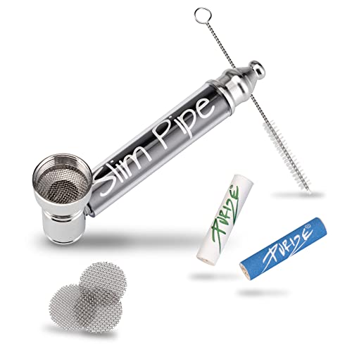 Slim Pipe Pfeifen Set - Rauchpfeife Tabakpfeife mit Aktivkohle Fach - inklusive 2 x 6mm Aktivkohlefilter, Bürste und Metall Einlege Siebe - 7 cm Pur Pfeife aus Metall für Tabakwaren