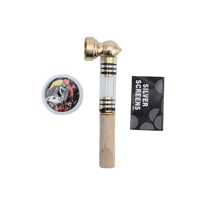 Pur-Pfeifen Set mit Holz Mundstück | +5 Edelstahlsiebe +1 Mini Crusher | Metallpfeife | Abschraubbares Mundstück | Leichte Reinigung | Smoking Pipe Pfeife Glas-Optik | Tabak (Gold)