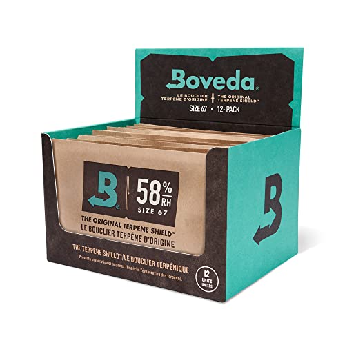 Boveda zur Aufbewahrung von Kräutern | 2-Wege-Feuchtigkeitsregulierung mit 58% RH | Größe 67 schützt bis zu 450 g Blüten | verhindert den Verlust von Terpenen | Verkaufskarton mit 12 Stück