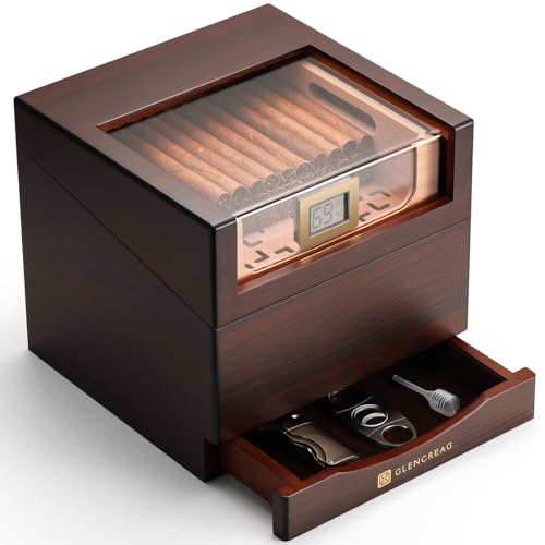 GLENCREAG Zigarren-Humidor-Box für 55 bis 85 Counts, Glasplatte und Vorderseite, durchsichtiges Design, spanisches Zedernfutter & Trennwand, Zubehörschublade & Luftbefeuchter, Geschenk für