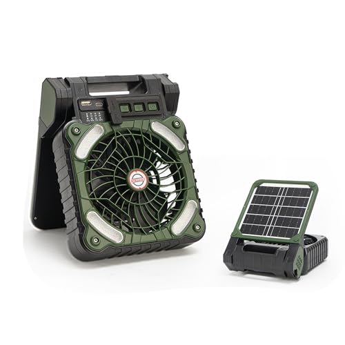GJLRS Outdoor-Camping-Solarventilator, 4 Geschwindigkeiten, Lithiumbatterie, mit Leistungsanzeige, Windgeschwindigkeit 4,5 Meter/Sekunde, LED-Beleuchtung für 36 Stunden, tragbarer Solarventilator