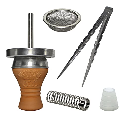 Shisha King Wasserpfeifen Zubehörset 5-teilig mit Kaminkopfset (Tonkopf + Aufsatz aus Edelstahl), Kohlezange, Knickschutzfeder, Kopfsieb und Kopfdichtung