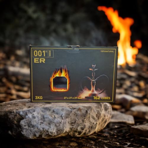 Shisha Kohle 001ER Kokos aus Indonesien-3 KG Premium Shisha Kohle Naturkohle, Hochwertige Kokos Kohle Briketts für Shisha,Grill und Weihrauch,162 Würfel 27x27x27mm mit Langer Brenndauer (bis 120 Min)