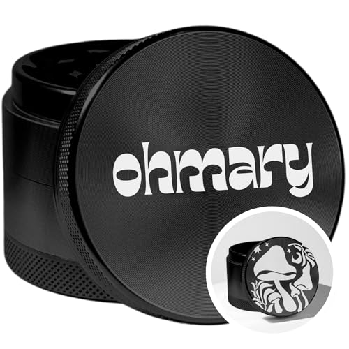 Ohmary Crusher, Grinder, Mühle, 5,5 cm, 4-teilig, Set incl. Scraper Catcher, Premium Aluminium, Edelstahl, Kräuter, Gewürze, Schwarz (Black)