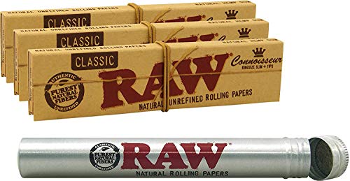 RAW 420 Set bestehend aus 4 Stück. 3 x RAW Connoisseur KS Papers inklusive Tips RAW Aluminium Tube Fight Button 25 mm