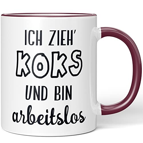 JUNIWORDS Tasse, Ich zieh’ Koks und bin arbeitslos, Bordeaux (1006442)