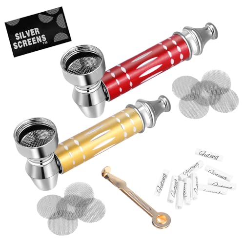 LHOEST 2 Stück Pfeifen Set, Metal Pipe Purpfeife, Tragbare Pfeifenhalter mit 10 Edelstahlsiebfiltern, 10 x 6mm Aktivkohlefilter und Pfeifenstopfer, Metallpfeifen Rauchen von Tabakwaren