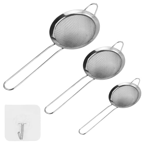 Küchensieb,3 Stück Sieb Set 8/10/12 Cm Küchensieb Edelstahl Kleines Sieb 304 Edelstahl Feinmaschig Küchensieb Sieb Edelstahl Sieb Küche für Quinoa,Siebenr,Gemüse,Obst,Tee,Puderzucker mit 3 Haken