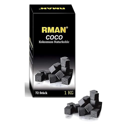 RMAN 1KG Shisha Kohle Naturkohle Kokosnuss und BBQ Hochwertige Kokoskohle Kokos Coal Briketts für Wasserpfeife Grill mit Langer Brenndauer