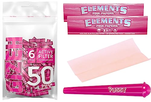 Aktivkohlefilter Pink Set - 50 GIZEH Xtra Slim ø 6mm + 2x 32 ELEMENTS Kingsize KS Slim Papers pink + yaoviz Jointhülle pink