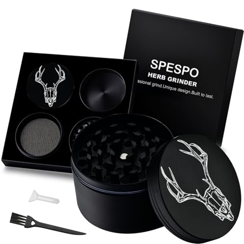 Spespo Grinder, 63mm Große Gewürzmühle, Kräutermühle mit Pollenschaber und Reinigungsbürste, 4-Schichtiges Metall Grinde, in premium schwarzer Geschenkbox (Deer)