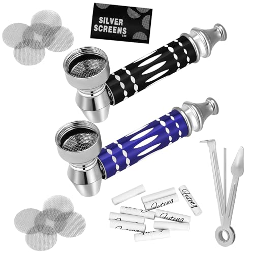 LHOEST 2 Stück Pfeifen Set, Metal Pipe Purpfeife, Tragbare Pfeifenhalter mit 10 Edelstahlsiebfiltern, 10 x 6mm Aktivkohlefilter und Pfeifenstopfer, Metallpfeifen Rauchen von Tabakwaren