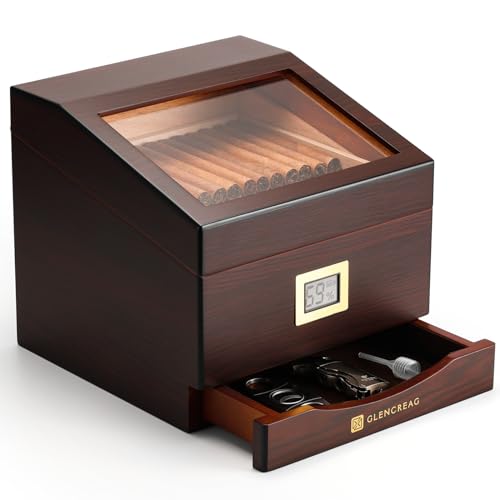 GLENCREAG Zigarren-Humidor-Box für 55 bis 85 Counts, Glasplatte mit spanischer Zedernauskleidung & Trennwand, digitales Hygrometer, Zubehörschublade & Luftbefeuchter, Geschenk für Männer - Facto Serie