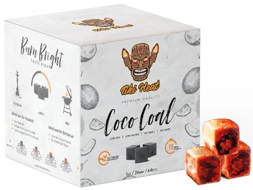 TIKI HEAT Shisha Kohle 20KG I Premium BBQ Grillkohle I 26mm Kohle Shisha Grill Kokos Briketts I Lange Brenndauer I Ökologisch I für Wasserpfeife & Grill I 1280 Würfel
