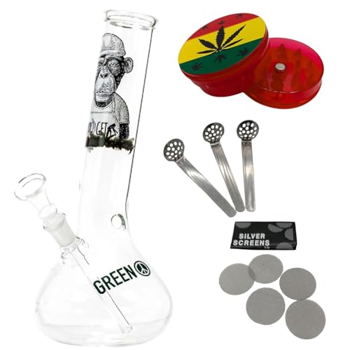 raupir Set Glasbong Affe Höhe 25cm Mundstück abgerundet ø 40mm Bong Glaskopf Chillum 14,5mm Siebe Acrylgrinder