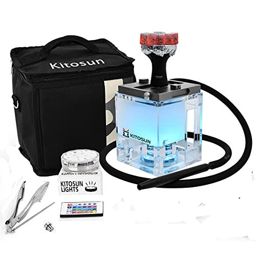 Shisha Set Tragbare Acryl Shisha mit Silikon Schlauch, Bowl, Zange Edelstahl Stiel & Diffusor Magical LED Lights 2 Schlauchadapter mit Reisetasche für Hookah Narguile