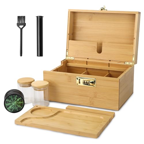 REANICE Aufbewahrungsbox mit Schnalle, Premium Holz Stash Box Combo Kit mit 2 Vorratsgläsern, Rolltablett, 5 kleinen Taschen und anderem Zubehör