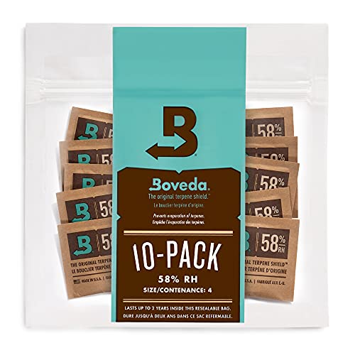 Boveda zur Aufbewahrung von Kräutern | 2-Wege-Feuchtigkeitsregulierung mit 58% relativer Feuchtigkeit | Größe 4 schützt bis zu 15 g Blüten | verhindert den Verlust von Terpenen | 10 Stück