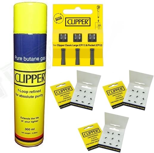 Clipper Gas Gelb White Pure 100ml 250ml 300ml 1er/2er/6erSet Isobutane Universal Flintsystem Feuersteine (7, Gas250ml/3Flints/3Feuerstein)