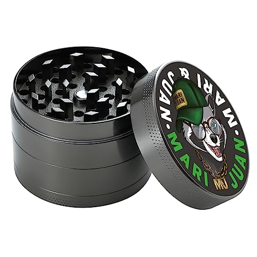 Mari & Juan Grinder I 4-teilig I ø 4,8 cm mit einer Gesamthöhe von 3,7 cm I aus hochwertigem Zink I Graue Kräutermühle zum Mahlen von Kräuter und Gewürze I inkl. Pollenschieber