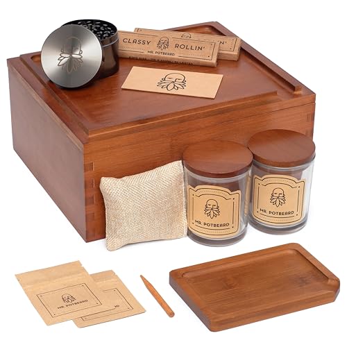 Stash Box Kit aus Bambus Getrocknete Kräuter Aufbewahrung Zubehör Set mit Grinder, Geruchsabsorber Inkl. 2 luftdichten Behältern, Stopfwerkzeug und Tablett