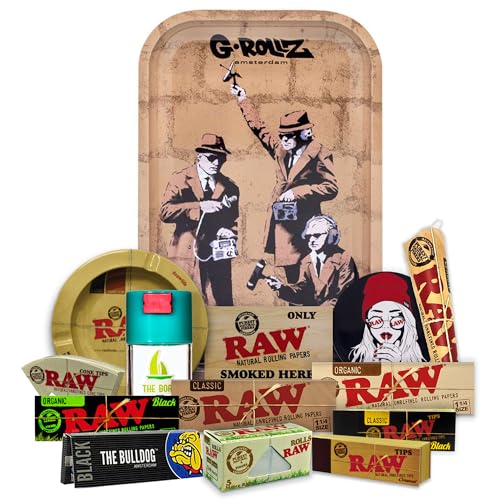 Rolling Tray Banksy 27.5 x 17.5 cm + Airtight Tin + RAW ashtray + Raw papers 1 1/4 Organic, Black, Classic, 5 meters + Bulldog papers + Tips + Raw Cones Kingsize + Stickers – Gift for smokers