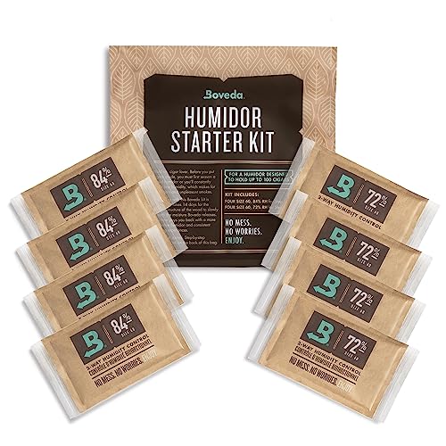 Boveda Humidor-Starter-Set für Zigarren, 100 Stück: Season a Wood Zigarren Humidor Plus erhält Luftfeuchtigkeit mit 2-Wege-Feuchtigkeitskontrolle, inklusive (4) je Größe 60, Boveda 84 % RH und 72 % RH