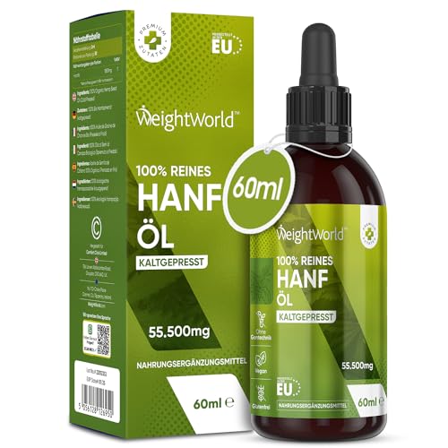 Hanföl Tropfen 60ml - 1850mg reines Hanfsamenöl - Vegan - Hanfsamen Öl kaltgepresst - Hemp Oil - Laktosefrei & Ohne Zusatzstoffe - Mit pflanzlichen Omega 3, 6 & 9 Fettsäuren - Von WeightWorld