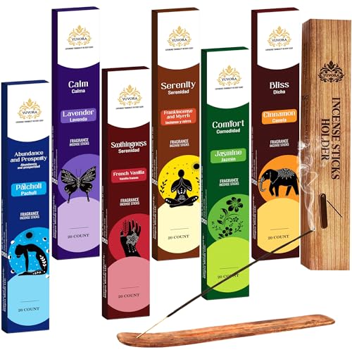 Yuvora Aromatisches Räucherstäbchen Geschenkset - 120 handgefertigte Räucherstäbchen mit 6 beruhigenden Düften - Perfekt für Zuhause, Meditation, Yoga und Entspannung - Inklusive Halter (Ruhe &