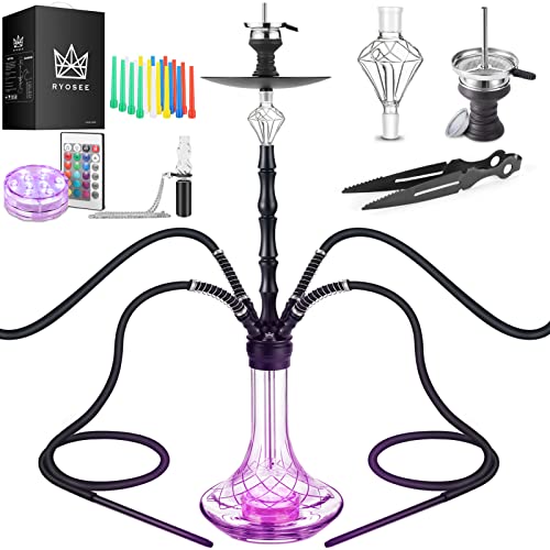 Ryosee 100cm 4 Schlauch Shisha Set mit LED Licht, 4 Anschlüssen Hookah-set aus Aluminiumrohr mit Molassefänger,Ausgestattet mit 4 Silikonschläuchen und Griff, shisha mit 4 schläuchen(schwarz)…