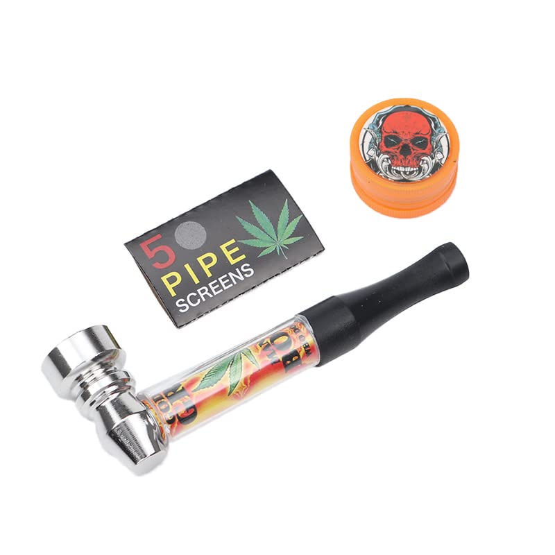 Pur-Pfeifen Set | Grinder/Crusher | 5 Edelstahlsiebe | Mittelstück in Glas Optik | Abschraubbares Mundstück | Pure Pipe Pfeife Smoking Rauchen | Gebrauch von Tabakwaren (orange)