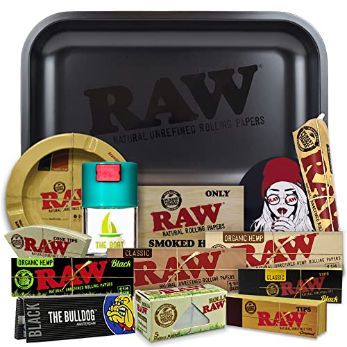 Rolling Tray Raw black 27.5 x 17.5 cm + Airtight Tin + RAW ashtray + Raw papers 1 1/4 Organic, Black, Classic, 5 meters + Bulldog papers + Tips + Raw Cones Kingsize + Stickers – Gift for smokers