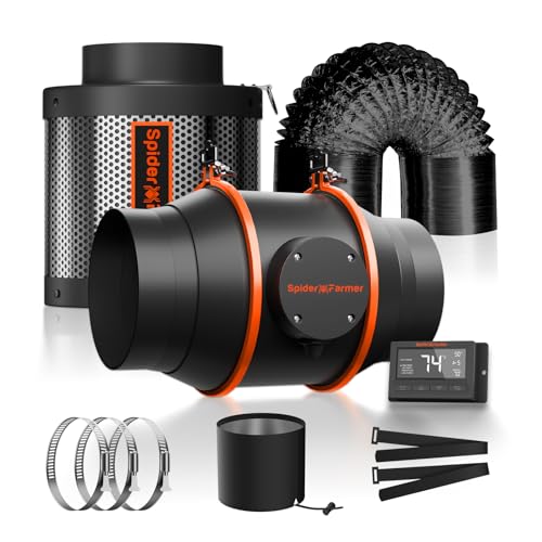 Spider Farmer Abluftset 150mm/6 Inch Rohrventilator mit Temperatur- und Feuchtigkeitsregler, Aktivkohlefilter Schlauch Abluft Lüfter, Belüftungssystem Lüftungsset für Growzelt, Growbox, Gewächshaus