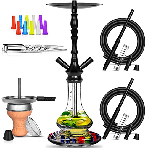 ADMY Shisha Set, 62cm Hookah Aluminium 2 Anschlüsse 2 Schläuche | Wasserpfeife Set Komplett mit Zubehör Edelstahl Kaminaufsatz Tonkopf Sieb Schlauch Mundstück 18/8 Rauchsäule Dichtung Zange | Schwarz