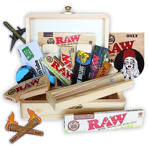 Holzbox zur Aufbewahrung 16x12x5cm – Raucher-Set + Zigarettenzubehör: + Raw Papers + Tips + Cones + Raw Stickers +Actitube - Gift for Smokers
