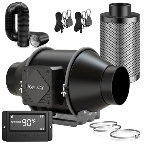 Aygrochy 100mm Rohrventilator, grow abluftset mit Temperatur- und Feuchtigkeitsregler, Abluftventilator mit Luftkohlefilter und Abluftschlauch für Wachstumszelte, Tente de Culture hydroponique