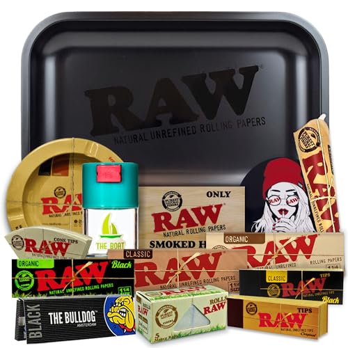 Rolling Tray Raw black 27.5 x 17.5 cm + Airtight Tin + RAW ashtray + Raw papers 1 1/4 Organic, Black, Classic, 5 meters + Bulldog papers + Tips + Raw Cones Kingsize + Stickers – Gift for smokers