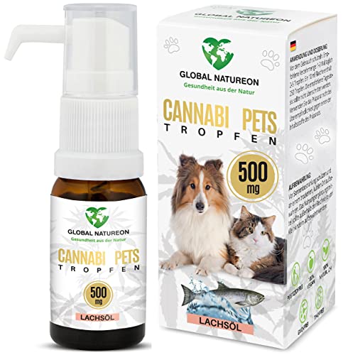 GLOBAL NATUREON Cannabi Pets Öl 500 mg (30 ml) auf Lachsölbasis, Beruhigungsmittel für Hunde und Katzen, Tropfen gegen Angst, Stress & für Reise, Naturprodukt für Tiere, ohne Konservierungsstoffe