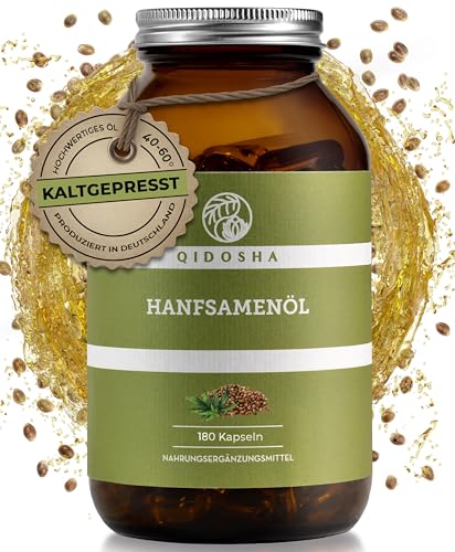 QIDOSHA Hanfsamenöl Kapseln hochdosiert I 180 Stk im Glas I 2000 mg je Tagesportion I Hanfsamenöl kaltgepresst I Hanfsamenöl Kapseln 1000 mg je Kapsel I Omega 3 6 9 Kapseln hochdosiert