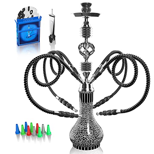 Shisha Komplettset mit 4 Schläuchen, 22'' Großes Shisha Kit für bis zu 4 Personen mit allem inklusive, Keramikschüssel | Premium-Schlauch| Schöne Glasvase (Schwarz)